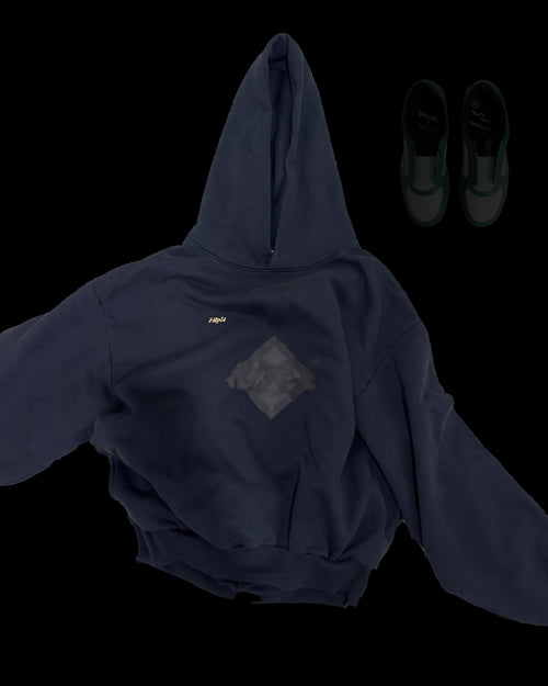 Front view of a black garment dye hoodie by Hiplé (Hiple)  